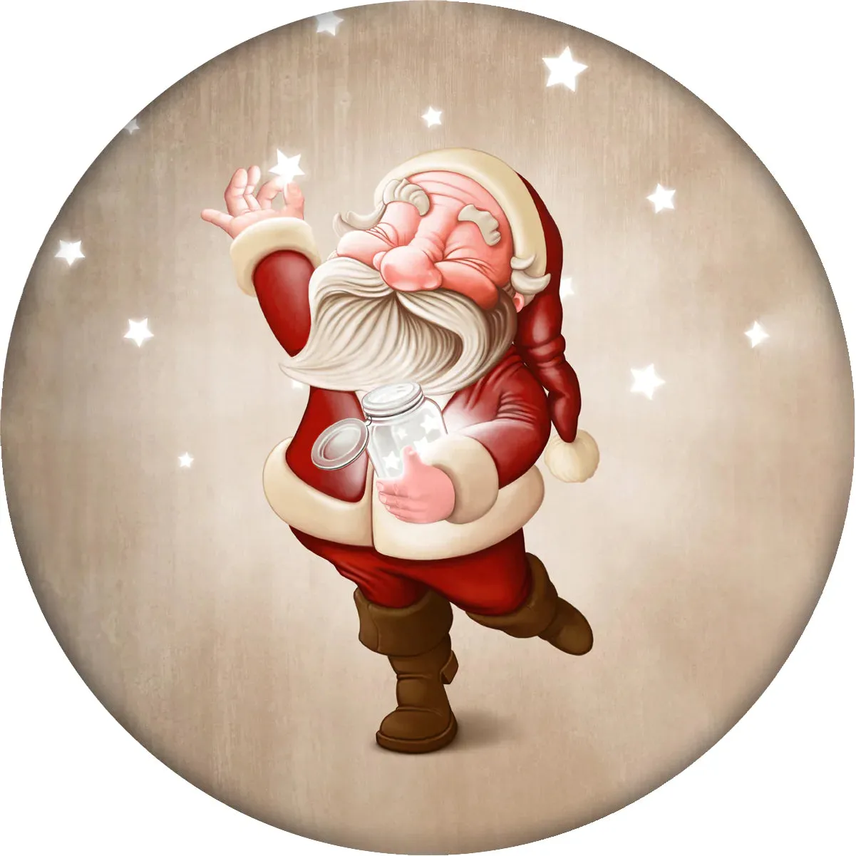 4 Inch Round Ceramic Coaster Set, Nostalgic Santa with Stars, 2 Sets of 4, 8 Pieces