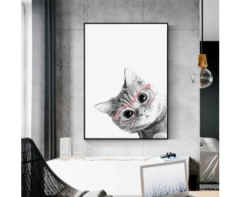 Cat With Glasses Black Frame Canvas Wall Art