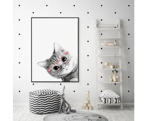 Cat With Glasses Black Frame Canvas Wall Art