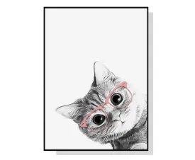 Cat With Glasses Black Frame Canvas Wall Art