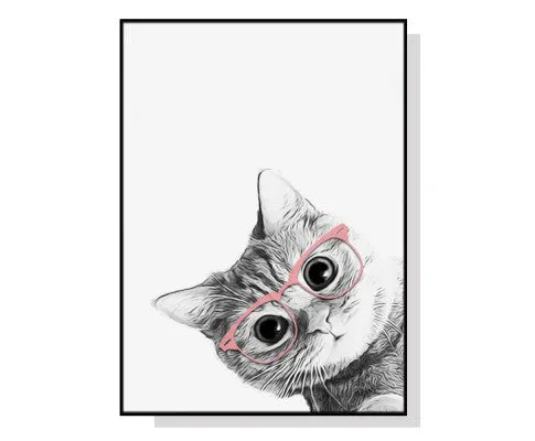 Cat With Glasses Black Frame Canvas Wall Art
