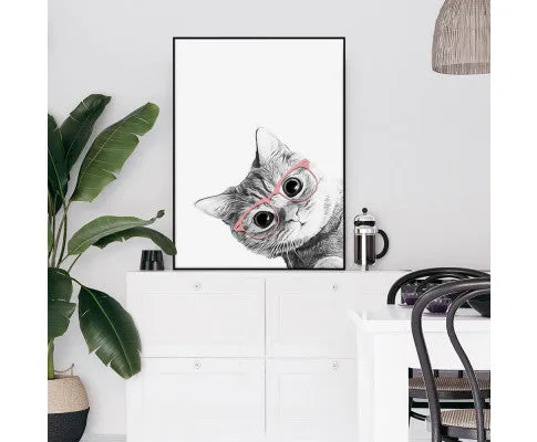 Cat With Glasses Black Frame Canvas Wall Art