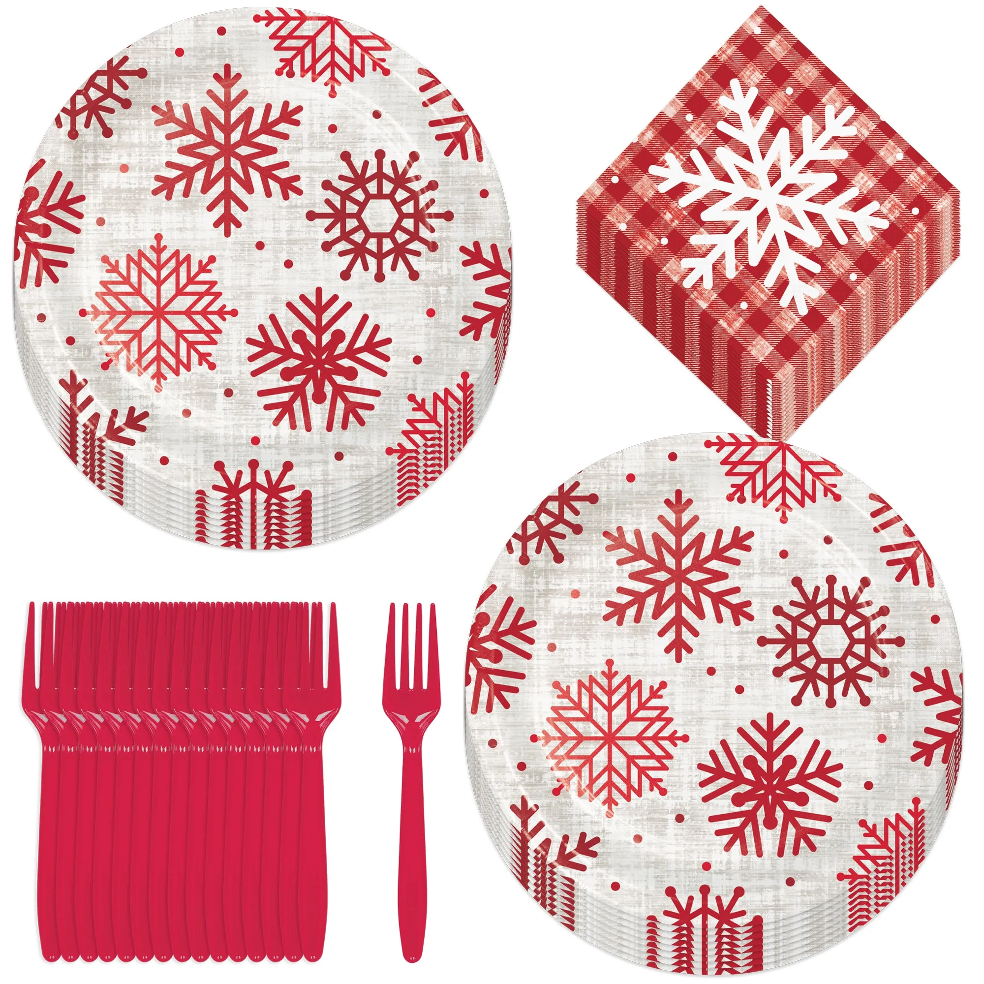 Christmas Holiday Party Supplies - Snowflake Paper Plates, Napkins, and Forks (Serves 16)