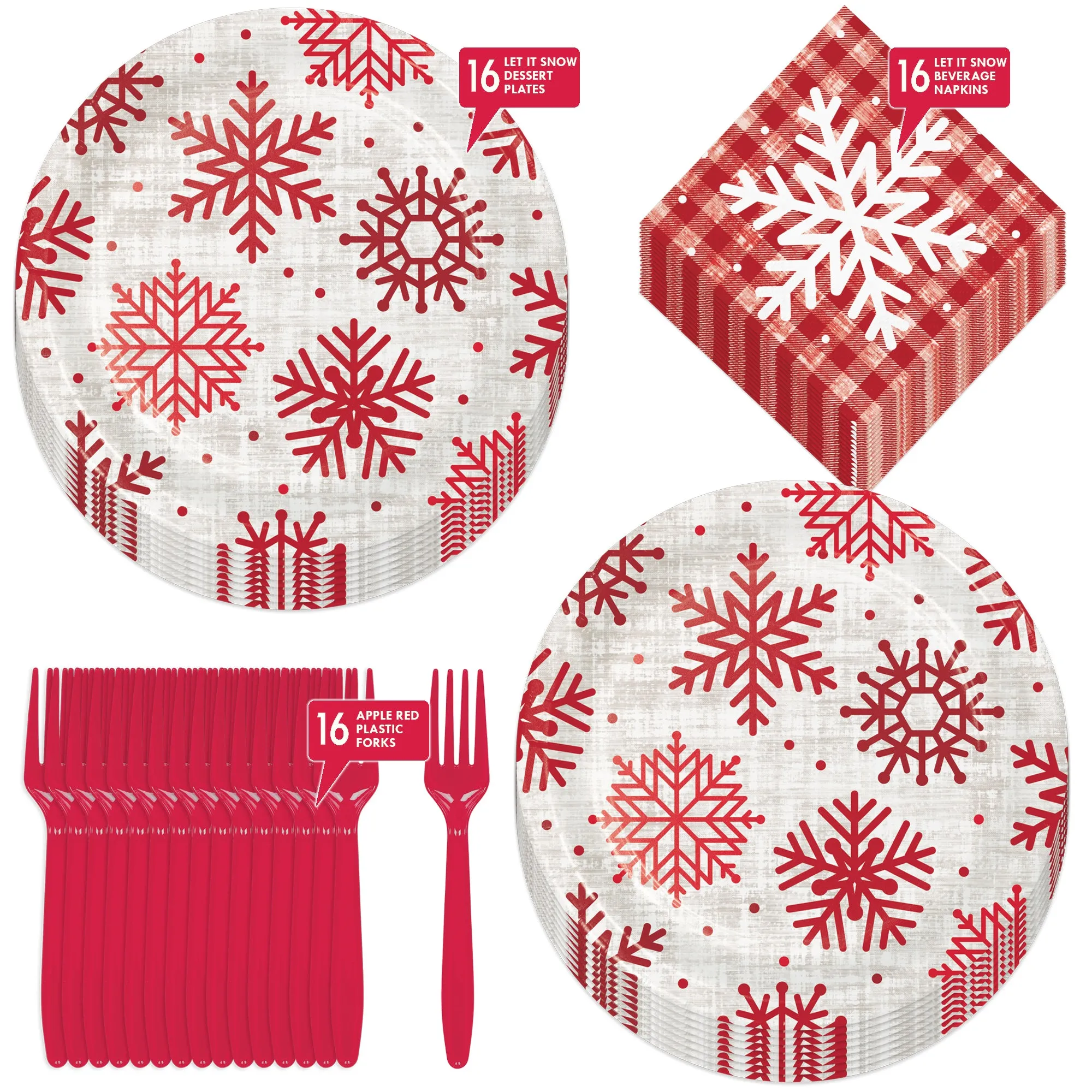 Christmas Holiday Party Supplies - Snowflake Paper Plates, Napkins, and Forks (Serves 16)