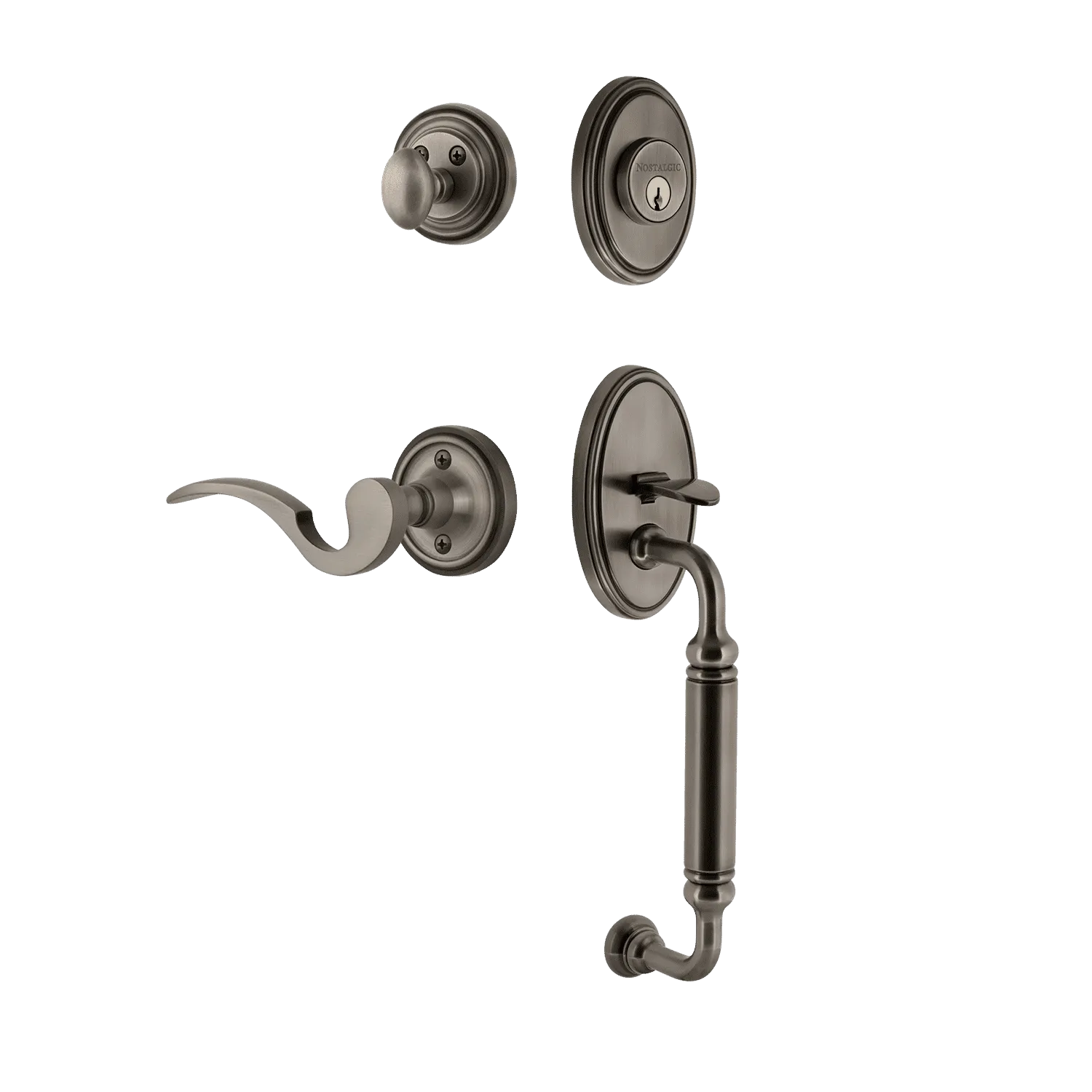Classic Handleset with C-Grip and Classic Rosette with Manor Lever in Antique Pewter