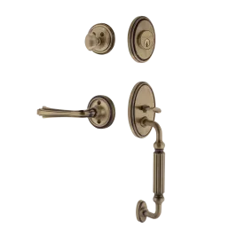 Classic Handleset with F-Grip and Classic Rosette with Fleur Lever in Antique Brass