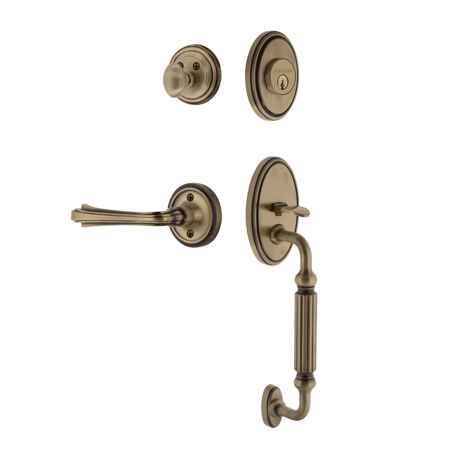 Classic Handleset with F-Grip and Classic Rosette with Fleur Lever in Antique Brass