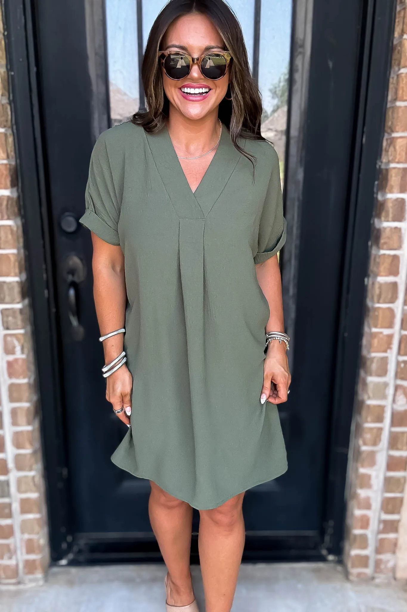Easy Breezy Olive V Neck Dress