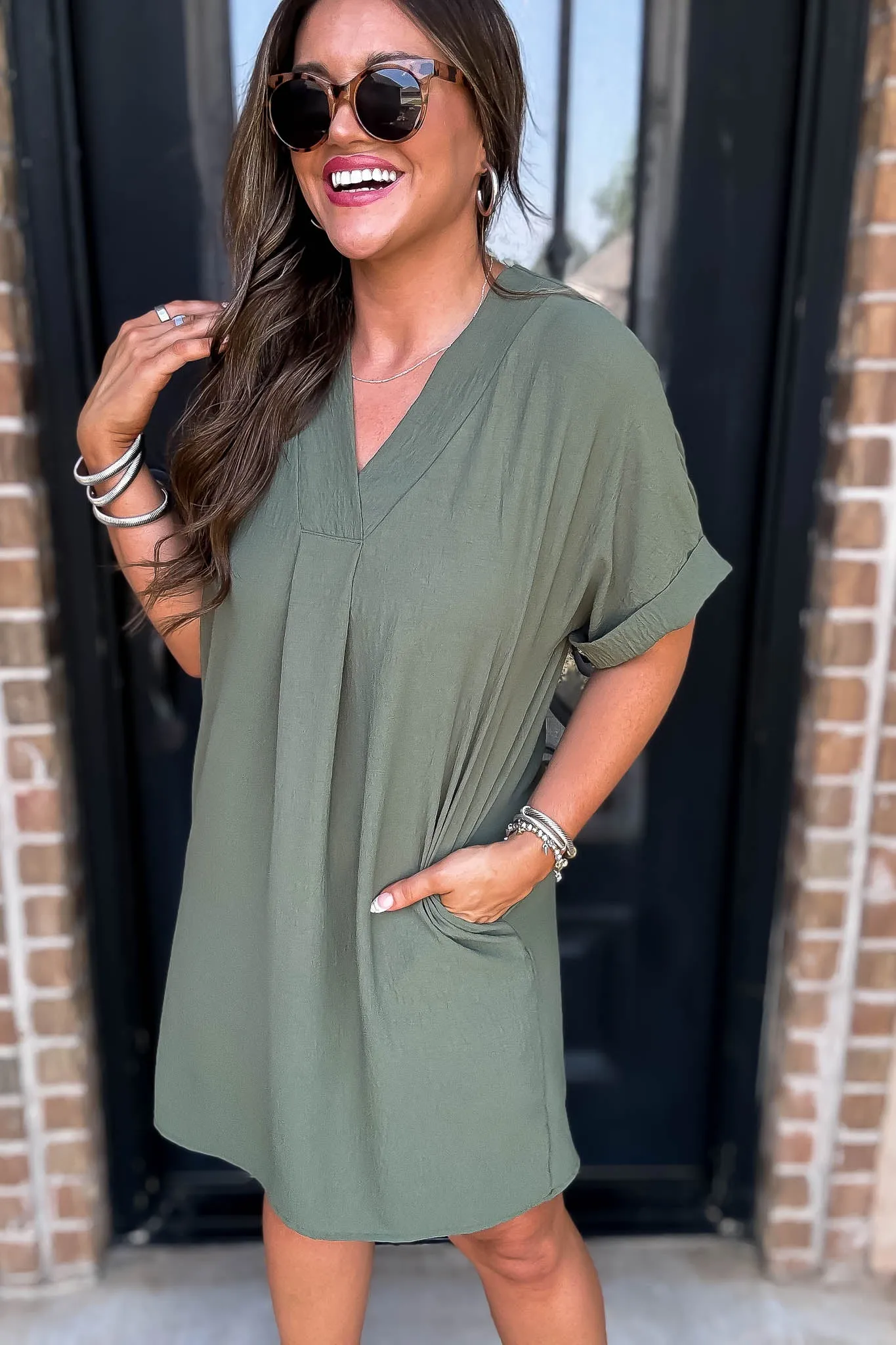Easy Breezy Olive V Neck Dress