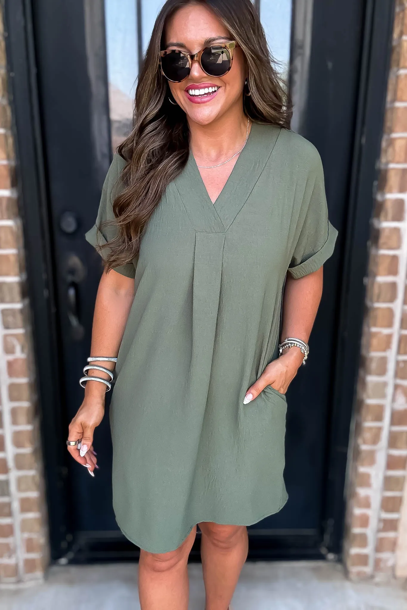 Easy Breezy Olive V Neck Dress