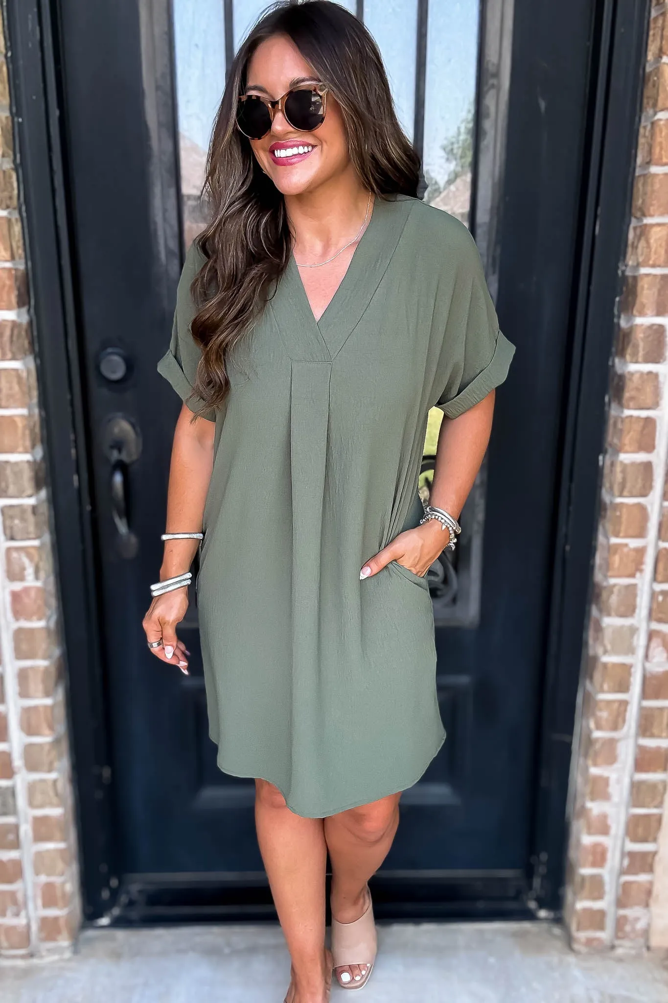 Easy Breezy Olive V Neck Dress