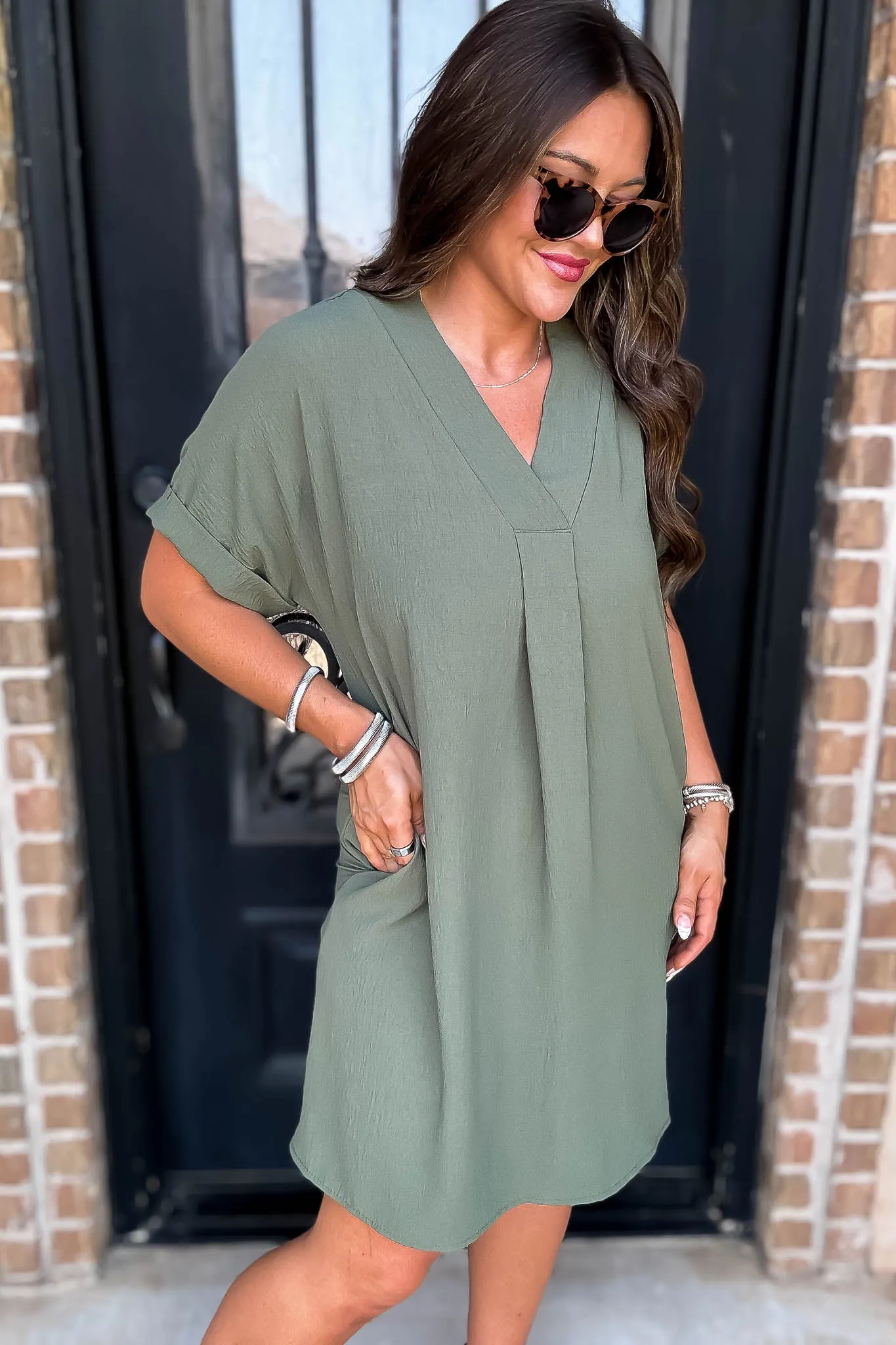 Easy Breezy Olive V Neck Dress