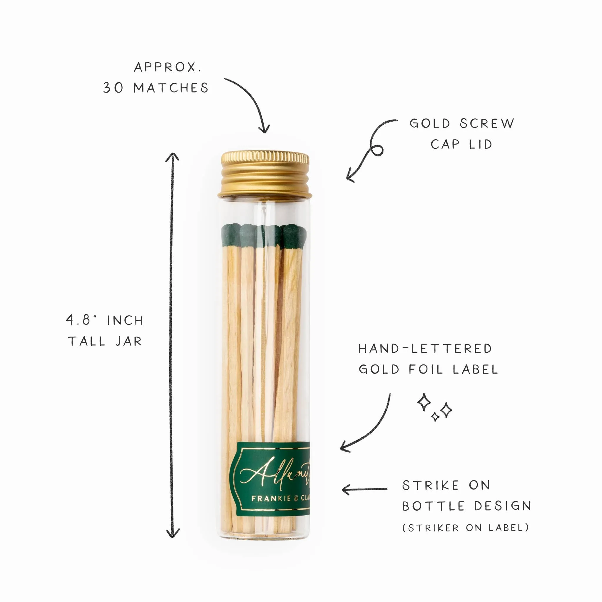 Glass Match Jar of Forest Green 4" Matches With Gold Lid