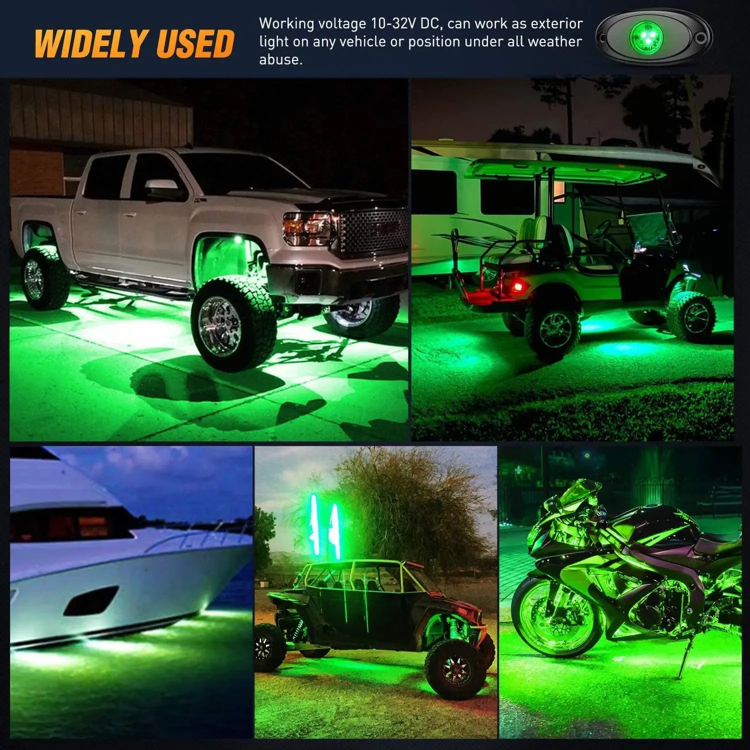Green LED Rock Lights (4 Pcs)