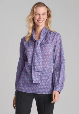Kimi Cotton Bow Blouse in Sapphire Dancing Birds