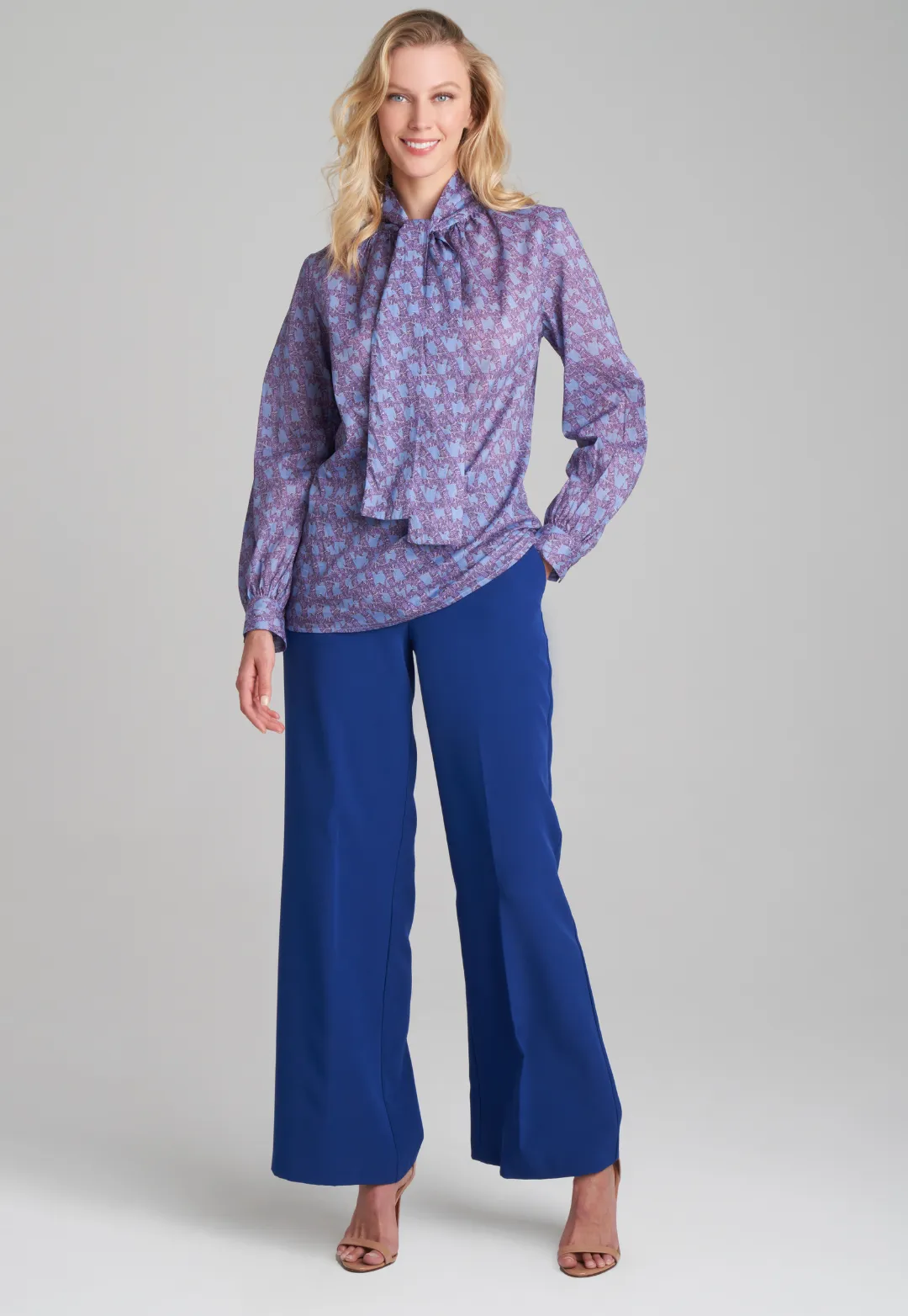 Kimi Cotton Bow Blouse in Sapphire Dancing Birds