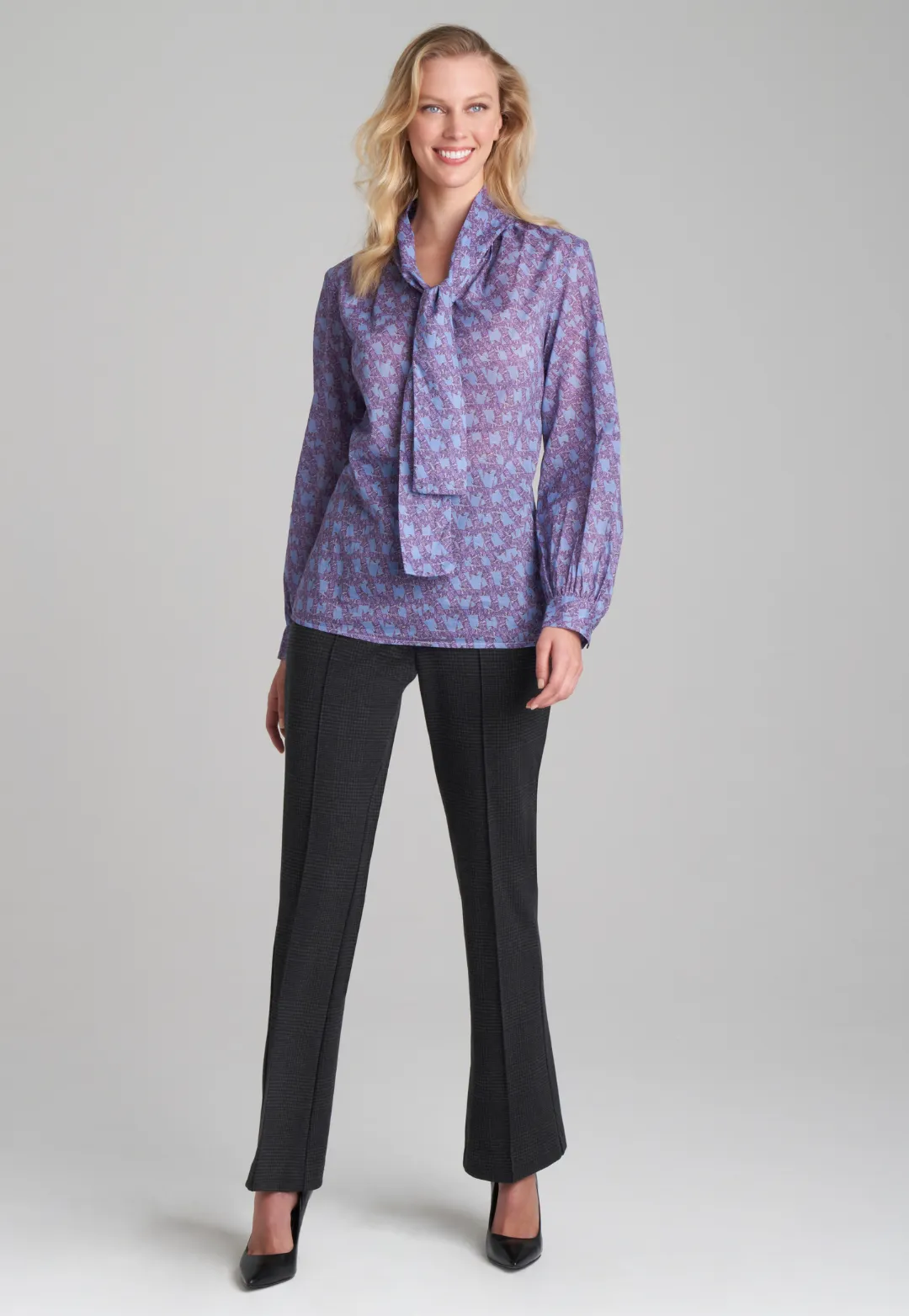 Kimi Cotton Bow Blouse in Sapphire Dancing Birds
