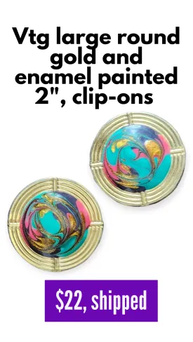 Large vintage gold colorful enamel clip-ons