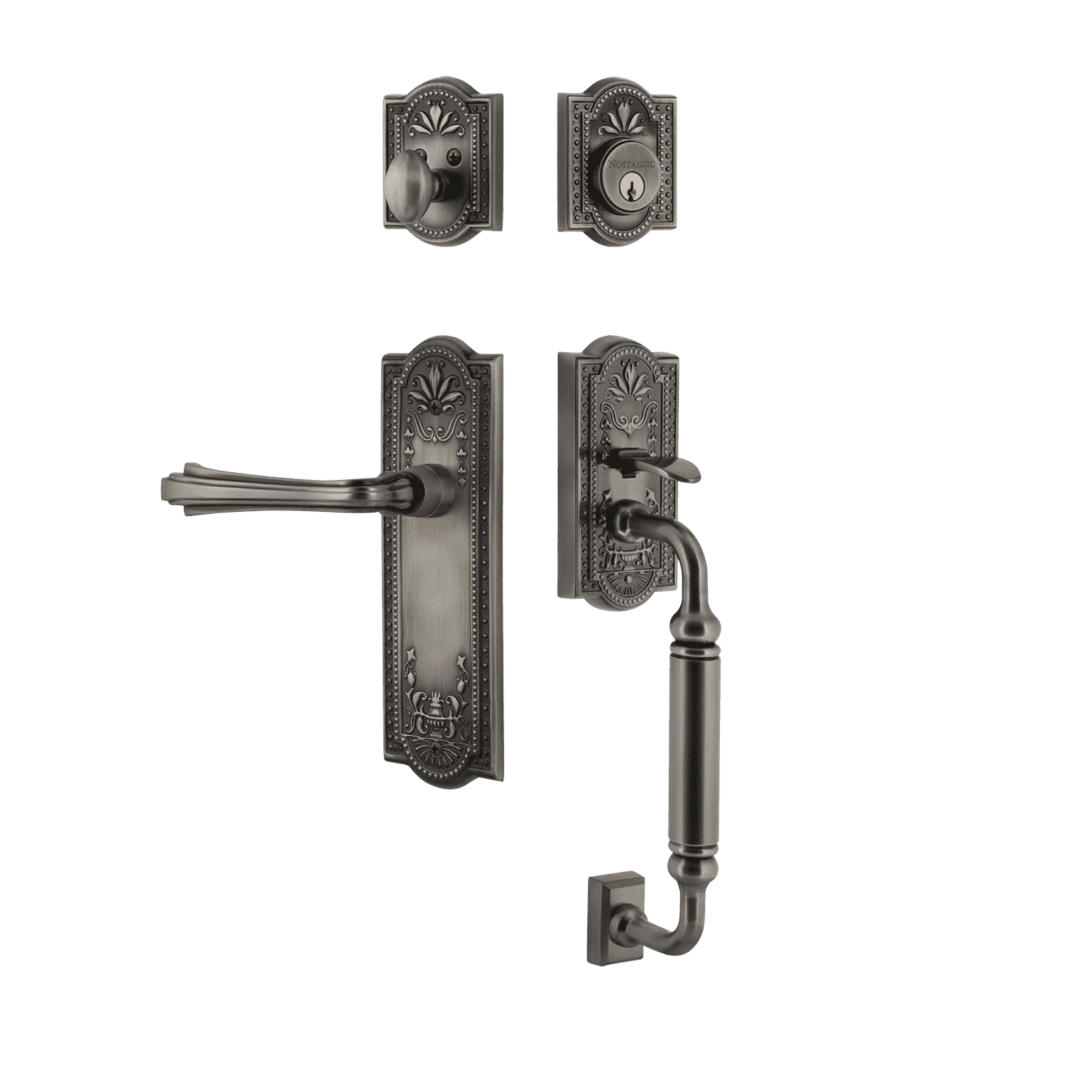 Meadows Handleset with C-Grip and Meadows Long Plate with Fleur Lever in Antique Pewter