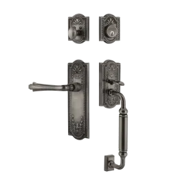 Meadows Handleset with C-Grip and Meadows Long Plate with Fleur Lever in Antique Pewter