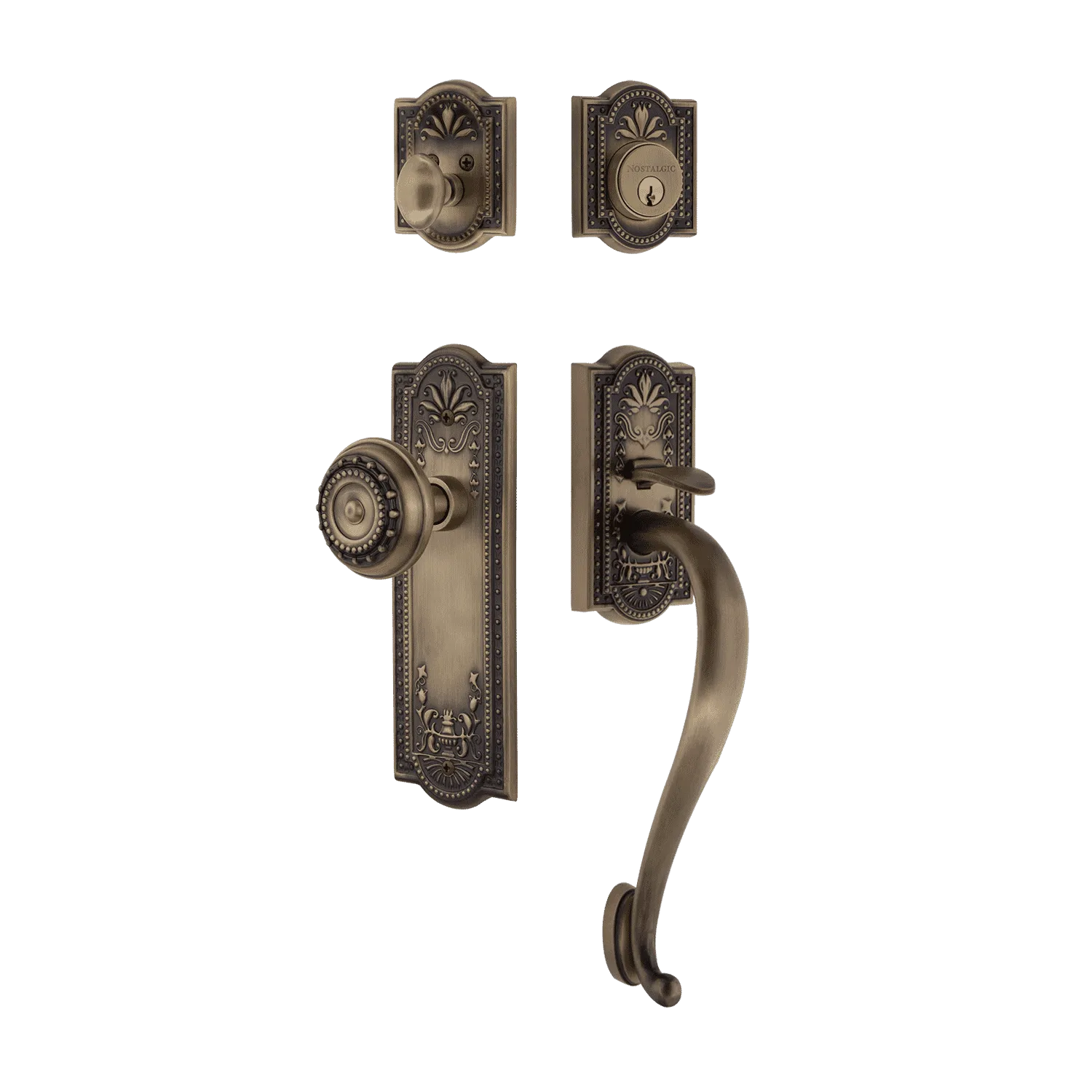 Meadows Handleset with S-Grip and Meadows Long Plate with Meadows Knob in Antique Brass