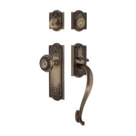Meadows Handleset with S-Grip and Meadows Long Plate with Meadows Knob in Antique Brass
