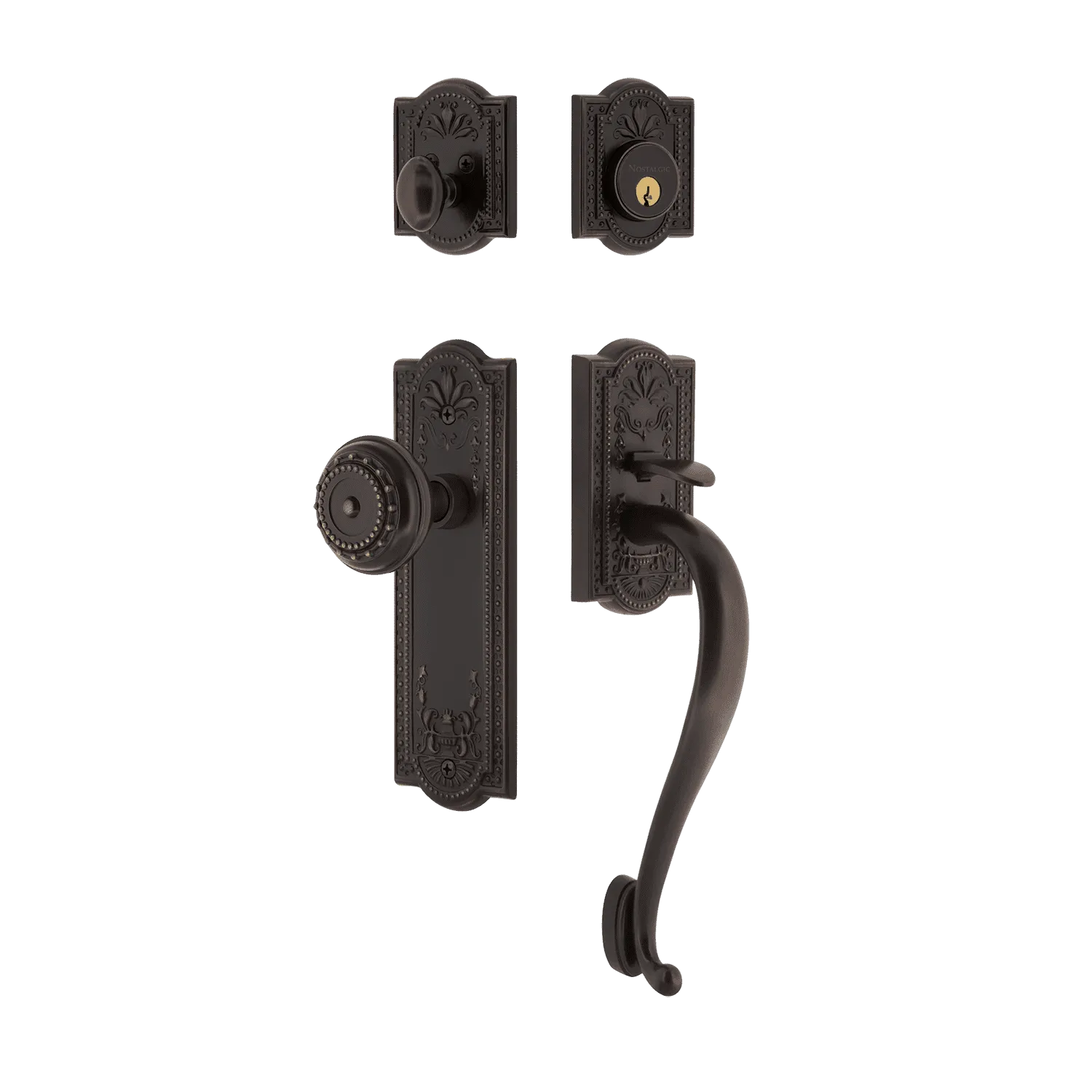 Meadows Handleset with S-Grip and Meadows Long Plate with Meadows Knob in Timeless Bronze