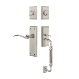 New York Handleset with F-Grip and New York Long Plate with Swan Lever in Satin Nickel