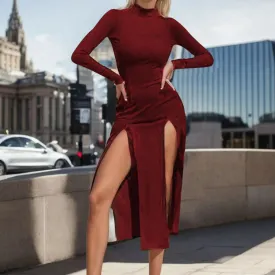 O Neck Burgundy Color Side Slit Midi Stretchy Autumn Winter Women's Casual Elegant Dress