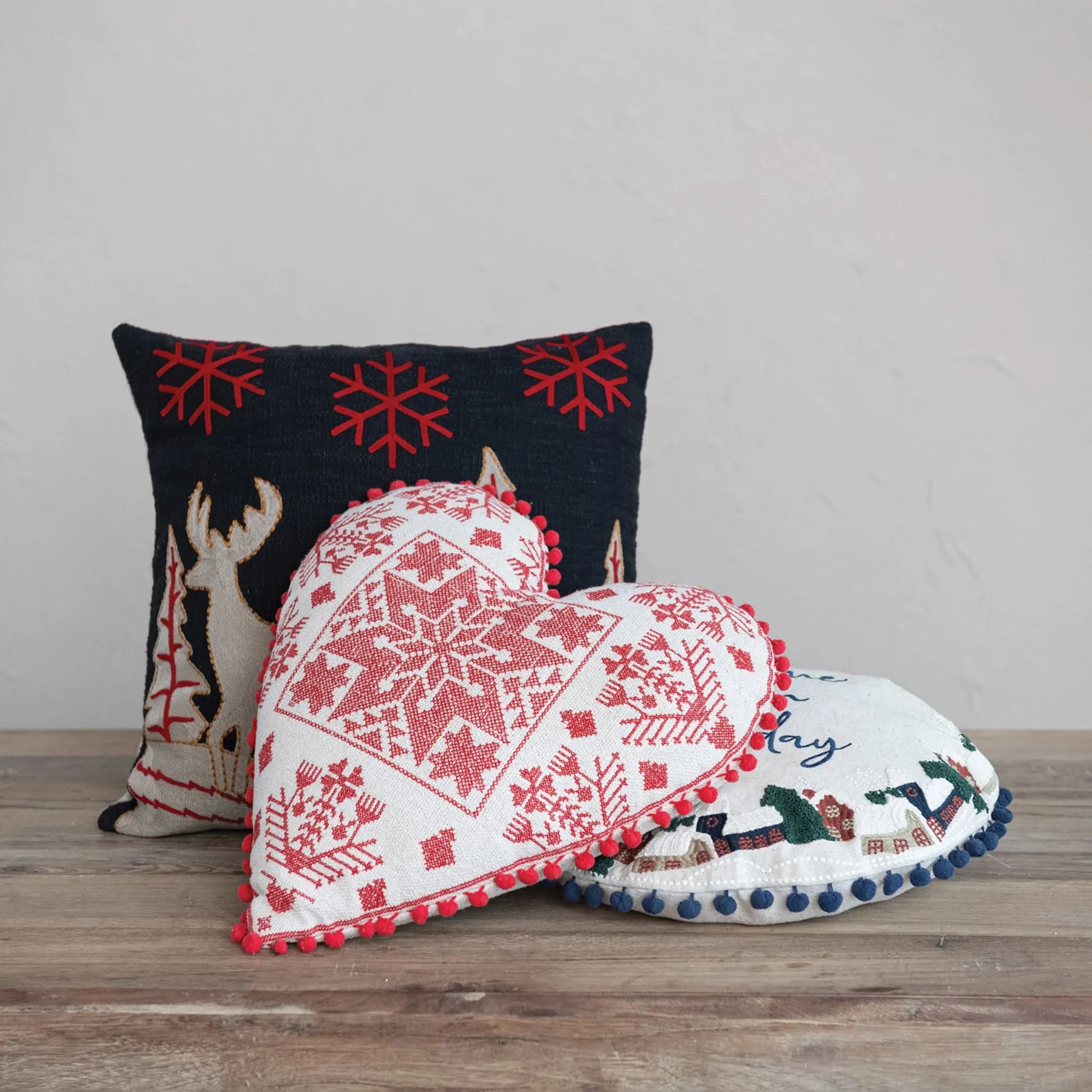 Scandi Holiday Embroidered Heart Pillow