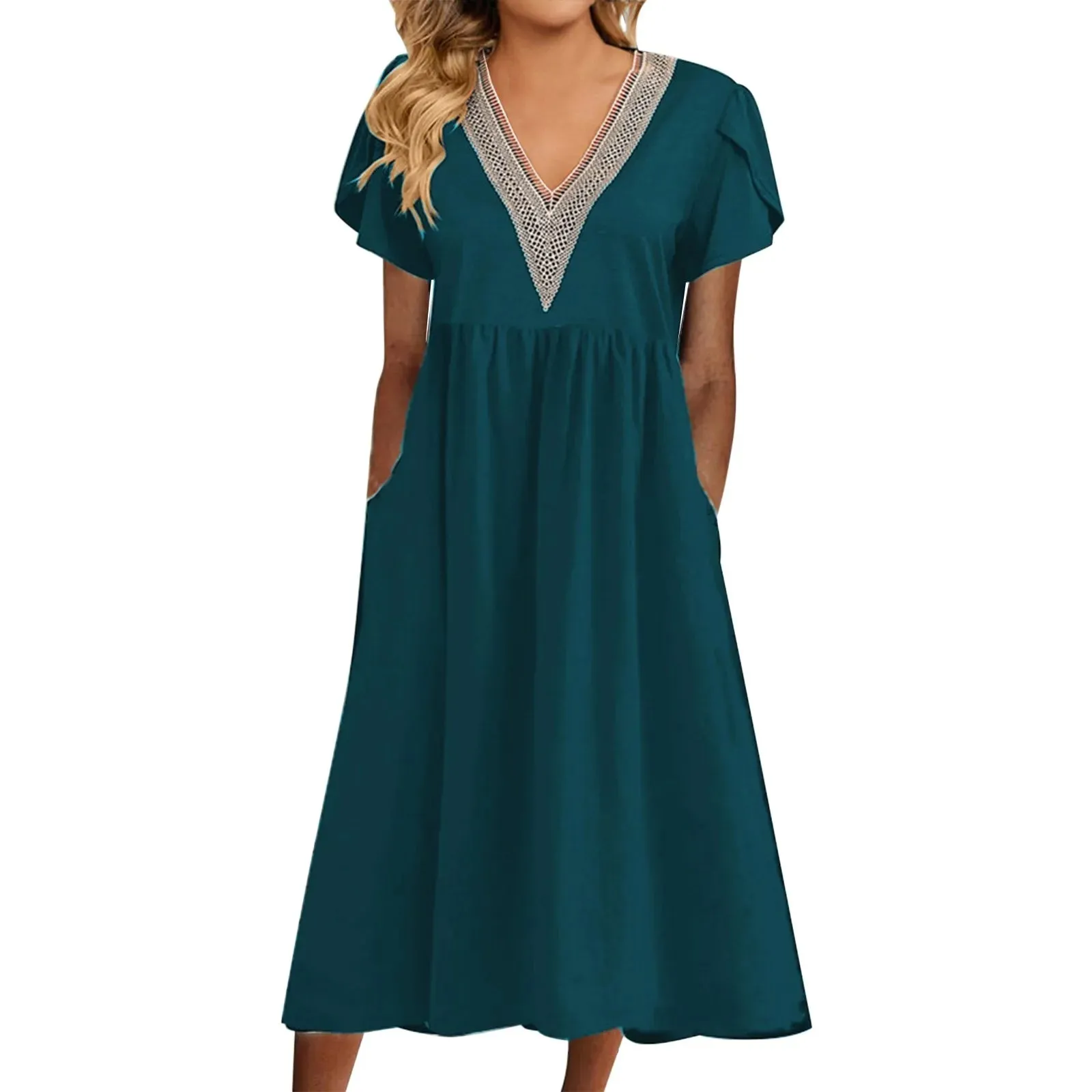 Vestidos Lace Stitching V-neck Short Sleeve Fashion Casual Elegant Dress