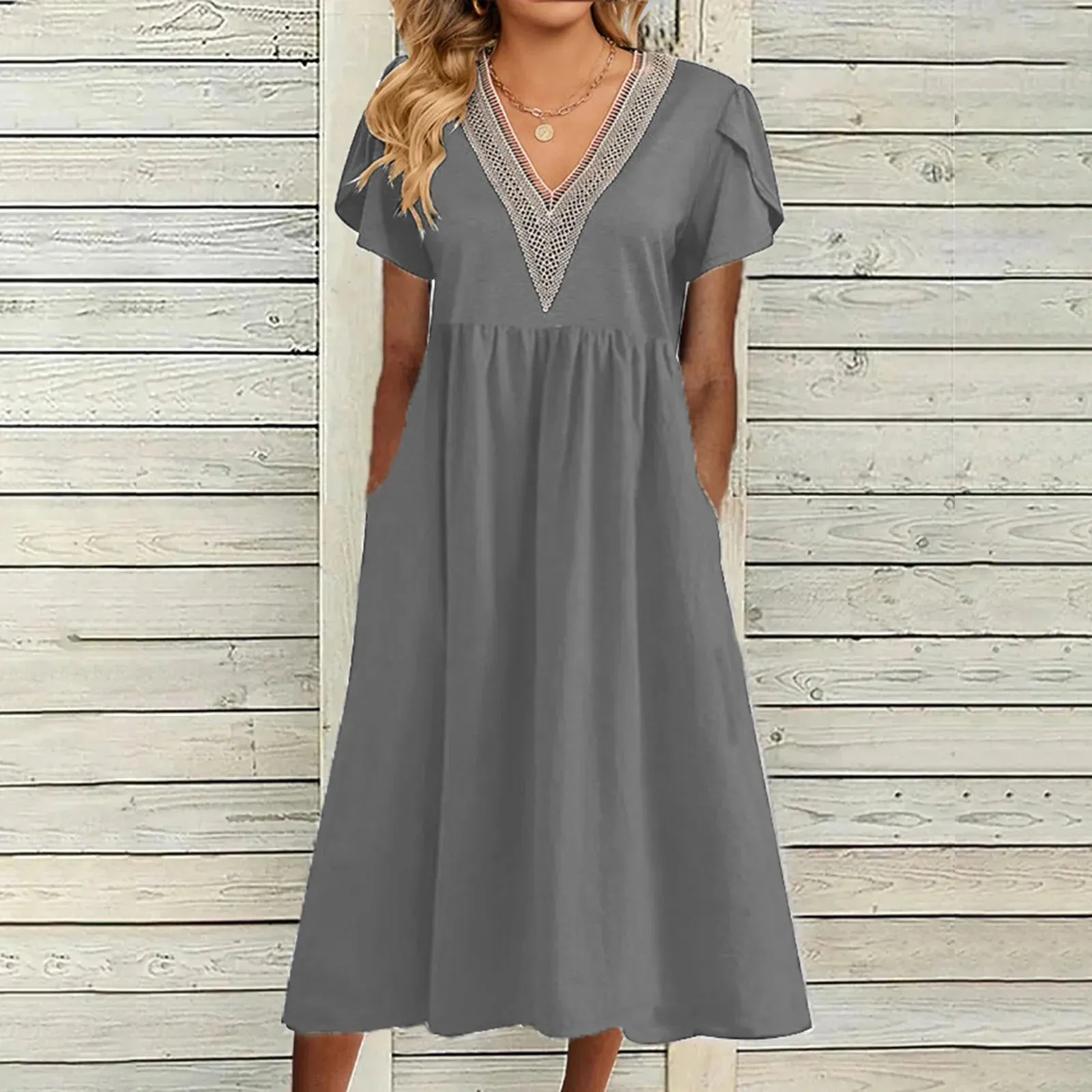 Vestidos Lace Stitching V-neck Short Sleeve Fashion Casual Elegant Dress