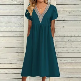 Vestidos Lace Stitching V-neck Short Sleeve Fashion Casual Elegant Dress