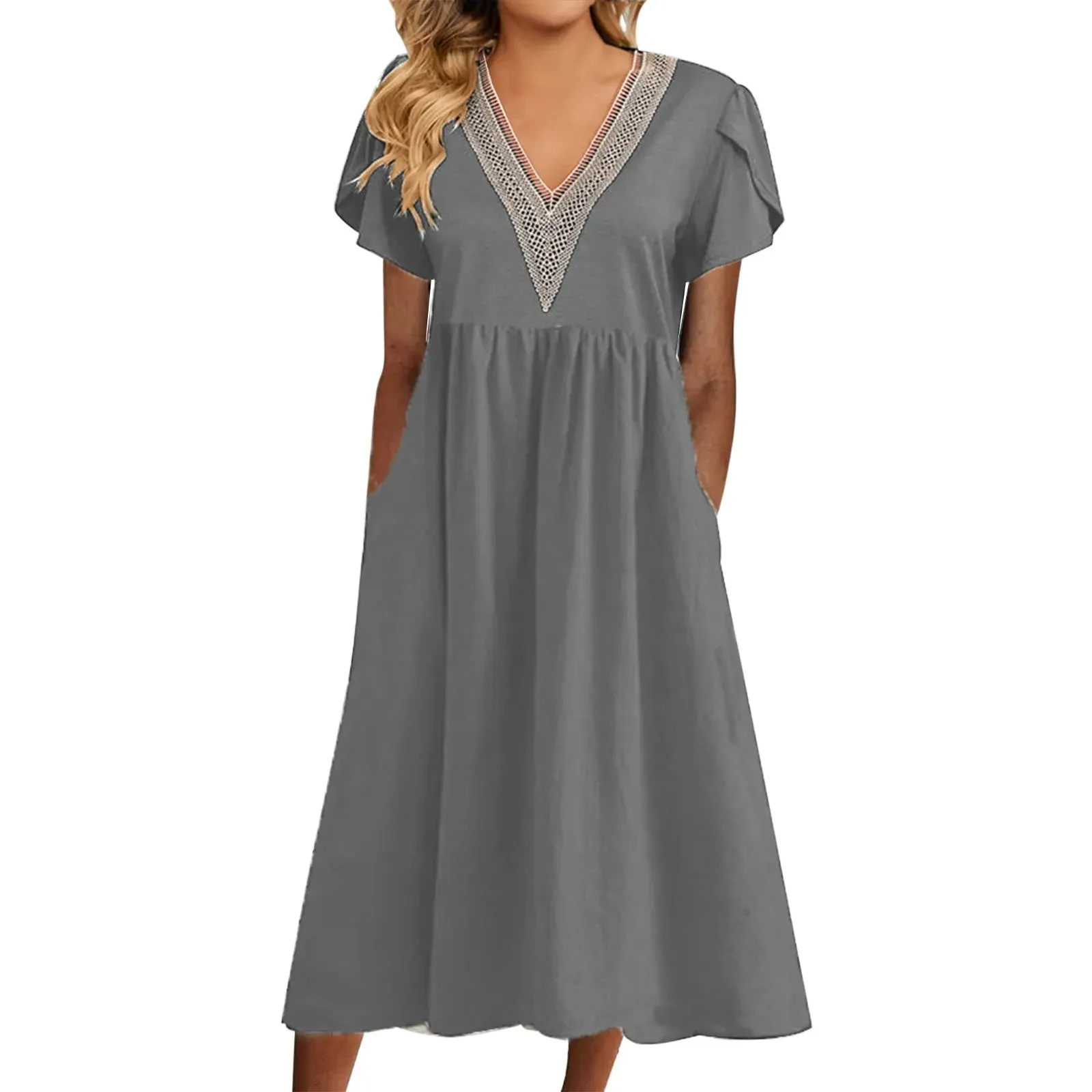 Vestidos Lace Stitching V-neck Short Sleeve Fashion Casual Elegant Dress