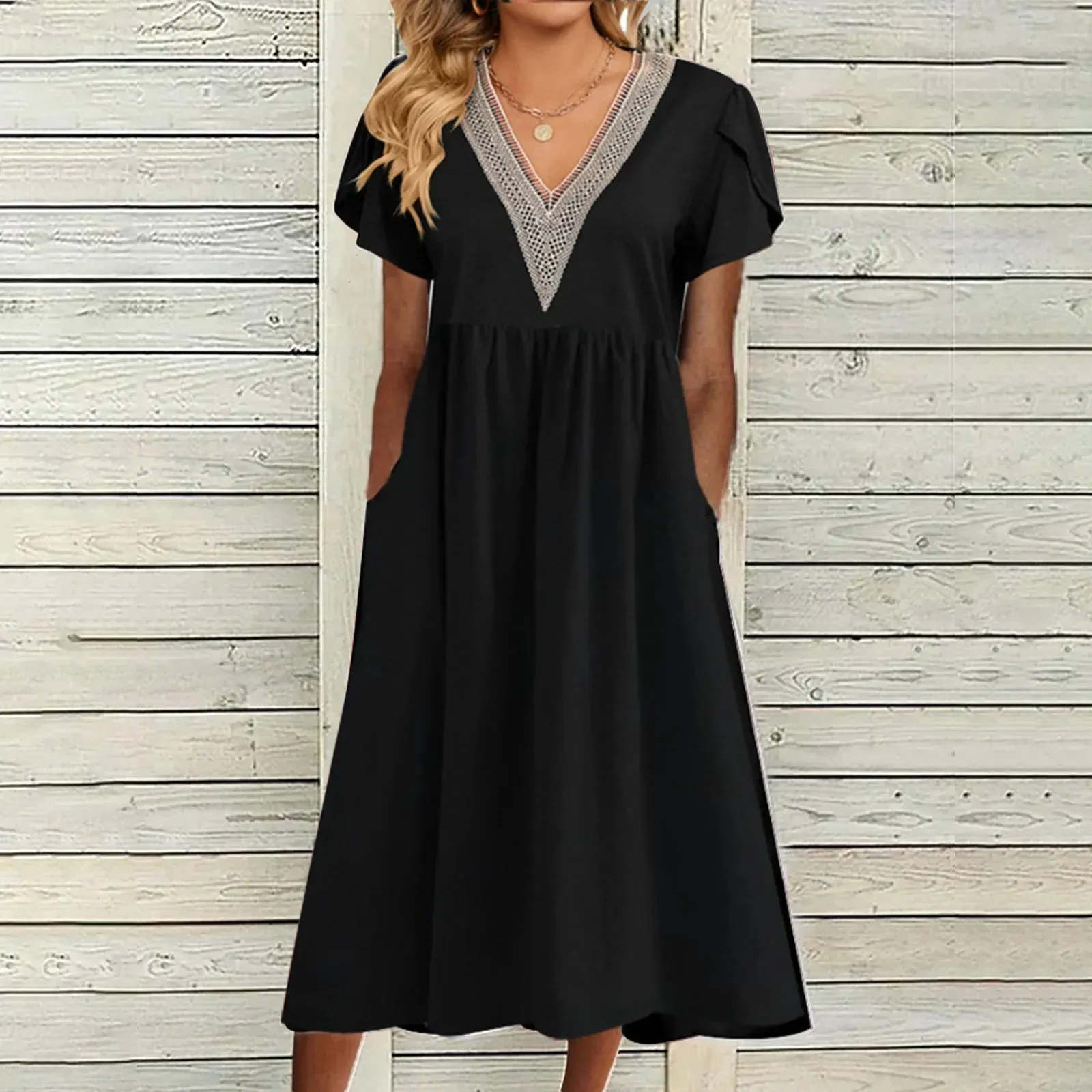 Vestidos Lace Stitching V-neck Short Sleeve Fashion Casual Elegant Dress