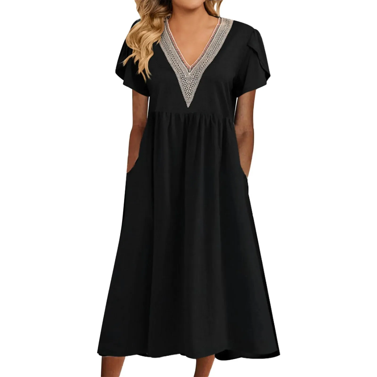 Vestidos Lace Stitching V-neck Short Sleeve Fashion Casual Elegant Dress