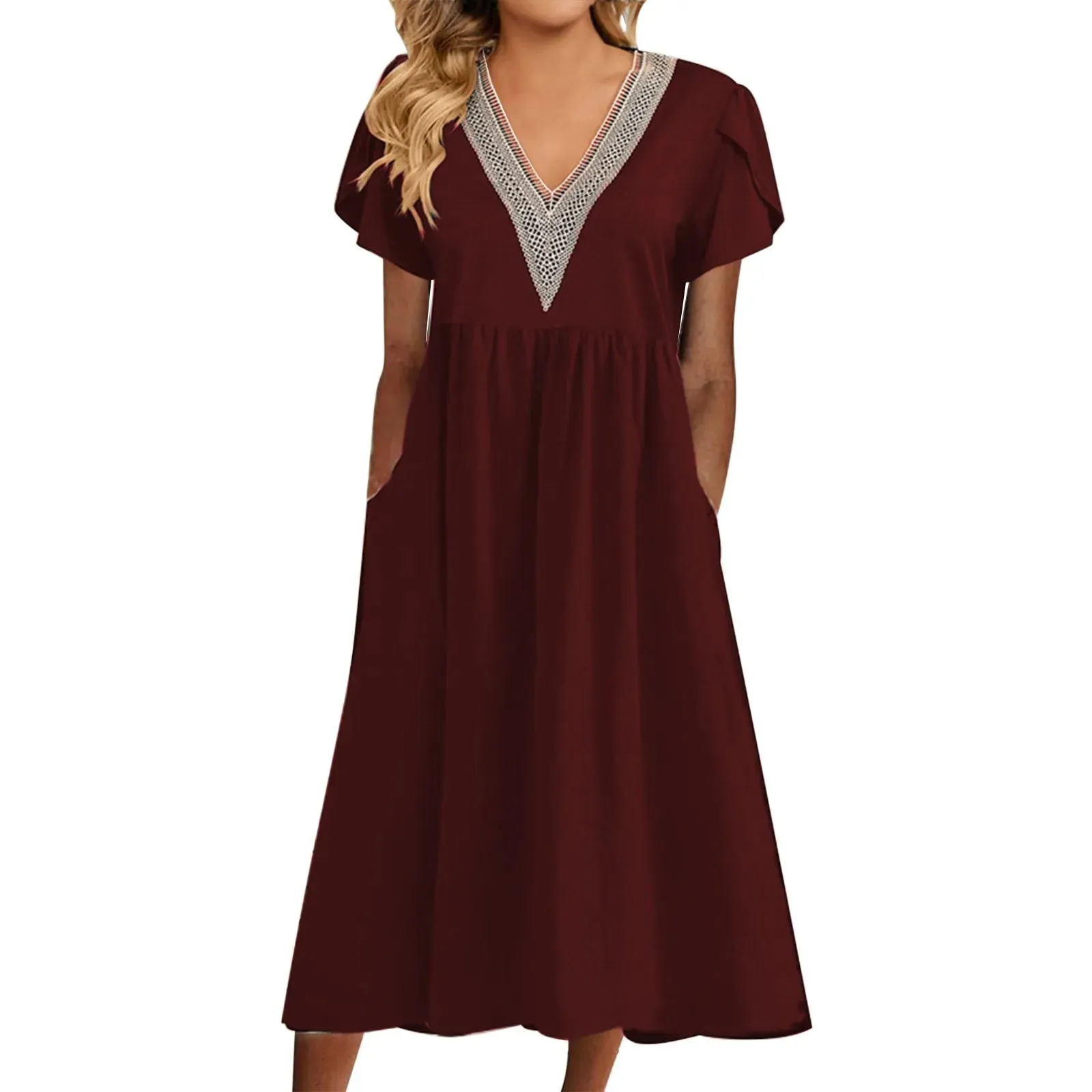 Vestidos Lace Stitching V-neck Short Sleeve Fashion Casual Elegant Dress